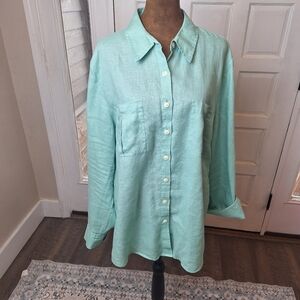 Women's Investments Gold Label Linen Button Front Top 18W Green Roll Tab Sleeves